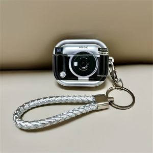 Vintage Electroplated Camera Shockproof Earphone Case + Lanyard Bluetooth Earbuds Charging Case, Compatible with Apple 3 Protective Cover